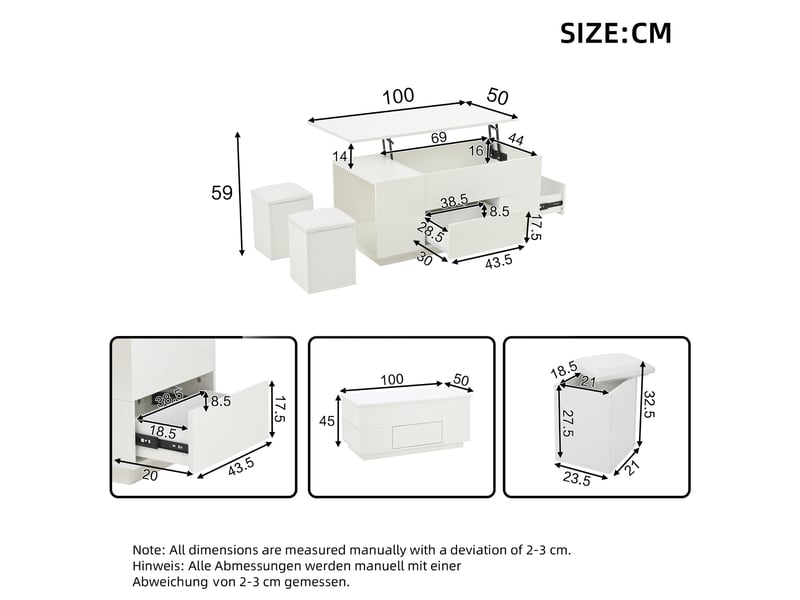 Table basse relevable 100x50 cm blanche brillante avec led, 2 tiroirs, rangement caché et 2 poufs intégrés, meuble salon multifonction IKSETERA TRADING LTD - Conforama C