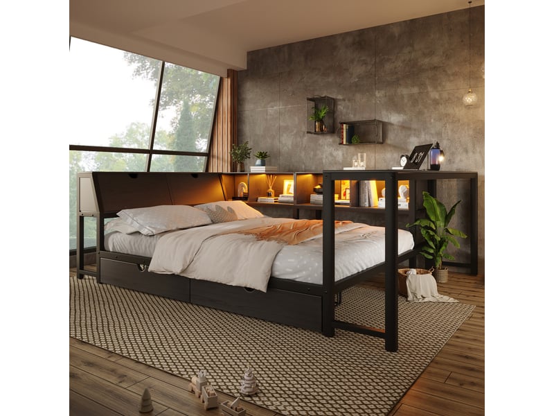  Lit en métal 140x200 avec tête de lit de rangement, éclairage led, bureau et tiroirs, lit multifonctionnel  - Conforama B
