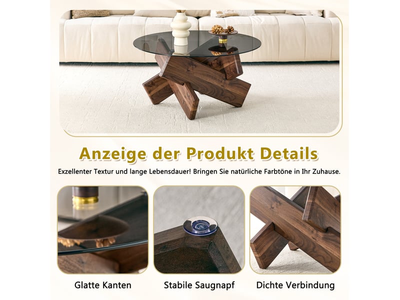  Table basse ronde 79 cm – noyer – verre trempé, plateau 0,8 cm et piètement géométrique en mdf design  - Conforama E