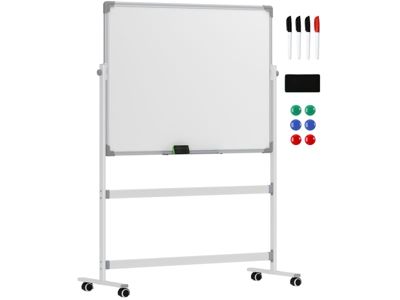  Tableau blanc magnétique double face 120 x 90 cm blanc, pivotant 360 degrés sur roulettes avec accessoires  - Conforama A