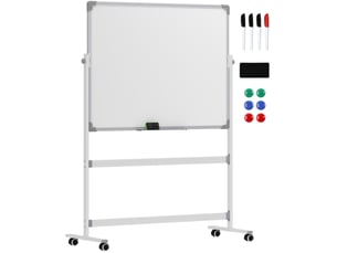 Tableau blanc magnétique double face 120 x 90 cm blanc, pivotant 360 degrés sur roulettes avec accessoires