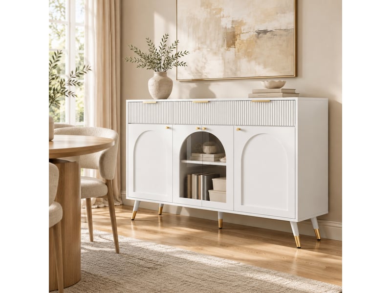  Buffet et enfilade avec 4 portes, 3 tiroirs et inserts en acrylique pour salon et salle à manger, 140×40×85,5 cm blanc  - Conforama C