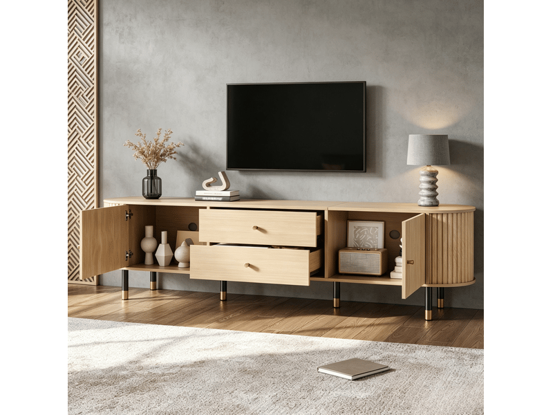  Meuble tv modenvie 180 x 40 x 58 cm avec 2 tiroirs et portes coulissantes finition bois naturel  - Conforama D