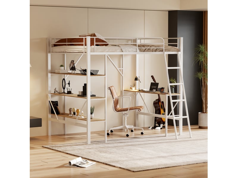 Lit mezzanine 90x200cm, table, sommier en métal, lit simple, 3 étagères rangement, blanc, sans matelas - Conforama B