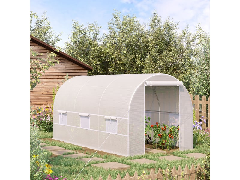  Serre tunnel de jardin 8m², serre de jardin tunnel avec porte et 6 fenêtres, bâche pe 140 gm² 400 x 200 x 200 cm blanc  - Conforama D