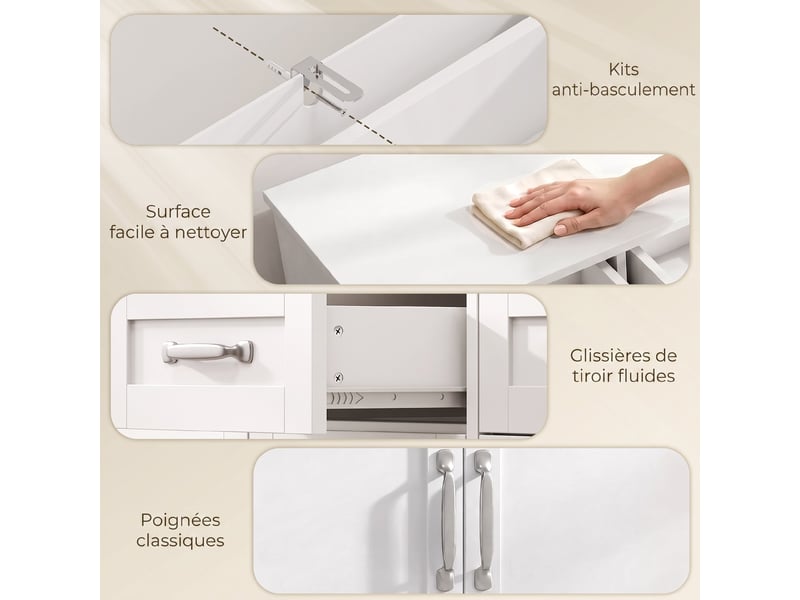  Buffet cuisine avec tiroirs, portes, étagères réglables, style shaker, dispositif anti-basculement, blanc, 140x38x80cm  - Conforama W