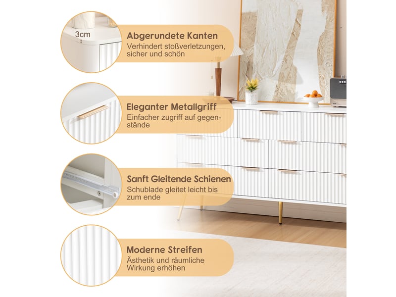  Commode 7 tiroirs avec fermeture douce - lpospi - poignées en métal, pieds surélevés, mdf blanc  - Conforama E