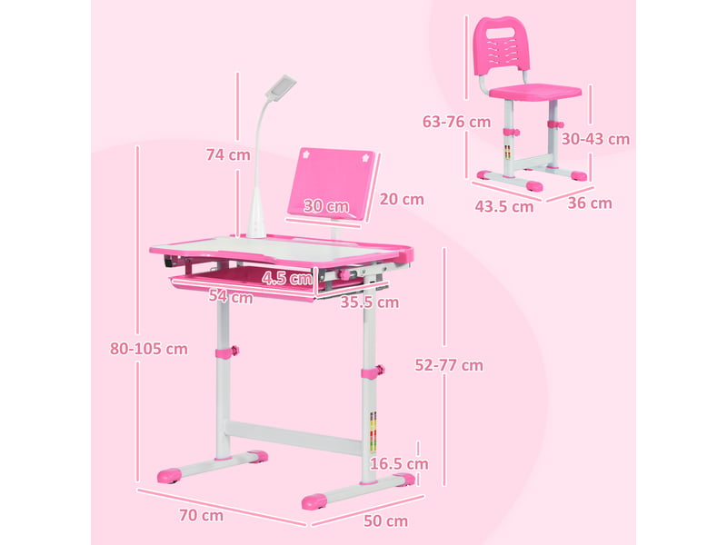  Bureau d'écolier réglable avec chaise pour enfants de 6 à 12 ans, 70 x 49,5 x 80-105 cm, rose  - Conforama D