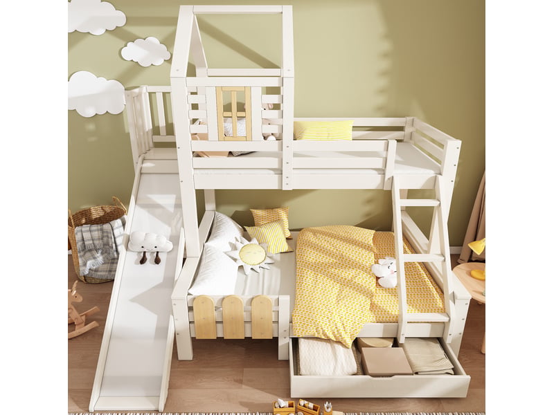  Lit superposé enfant avec toboggan, échelle et tiroir, 90x200 et 140x200 cm  - Conforama D