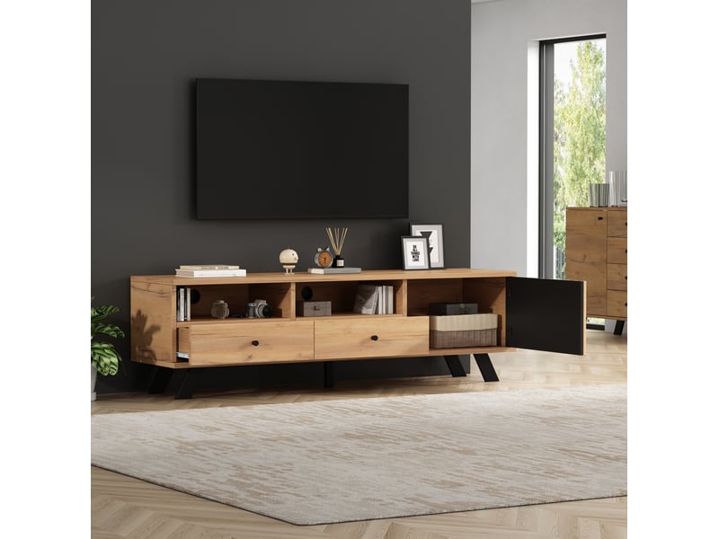  Meuble tv 150x38x44 cm 2 tiroirs et 1 placard pour téléviseur jusqu'à 60 pouces panneau de particules bois naturel et noir  - Conforama E