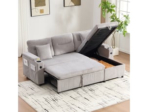 Canapé d'angle réversible convertible MODENVIE 3 places Velours côtelé gris avec coffre de rangement
