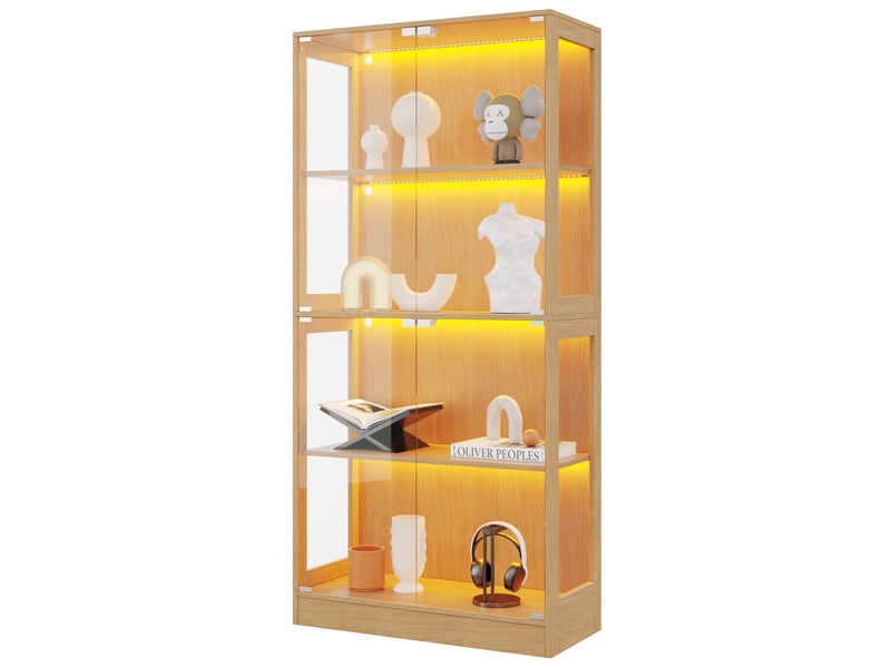 Vitrine led pour figurines, 80 x 35 x 170 cm, 4 portes, mdf et verre, finition bois naturel - Conforama A