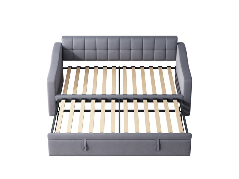  Canapé-lit multifonctionnel 2 en 1 (90180 cm), revêtu de velours gris, avec prise électrique et sac de rangement.  - Conforama E