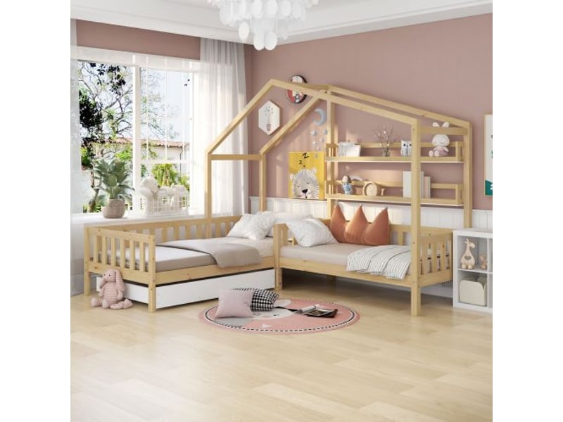  Lit cabane 90x200 cm, lit double avec tiroirs et étagères, cadre en l, en pin, couleur naturel, sans matelas  - Conforama B