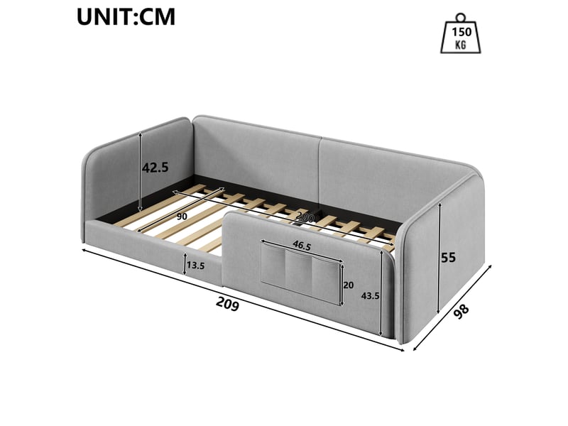  Lit plateforme modenvie 90 x 200 cm rembourré en lin gris avec cadre de sécurité tout autour et poches de rangement  - Conforama C
