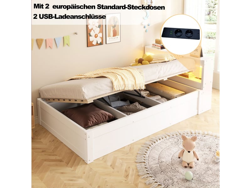  Lit rangement 90 x 200 cm plusieurs compartiments de rangement prise europeenne integree eclairage led multicolore mecanisme de lit hydraulique bois massif blanc conception multifonctionnelle  - Conforama E