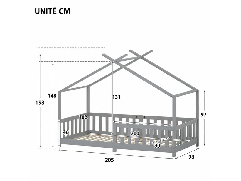  Lit cabane enfant 200x90 cm en bois massif avec barrières et rangement sous le lit, matelas non précisé  - Conforama D
