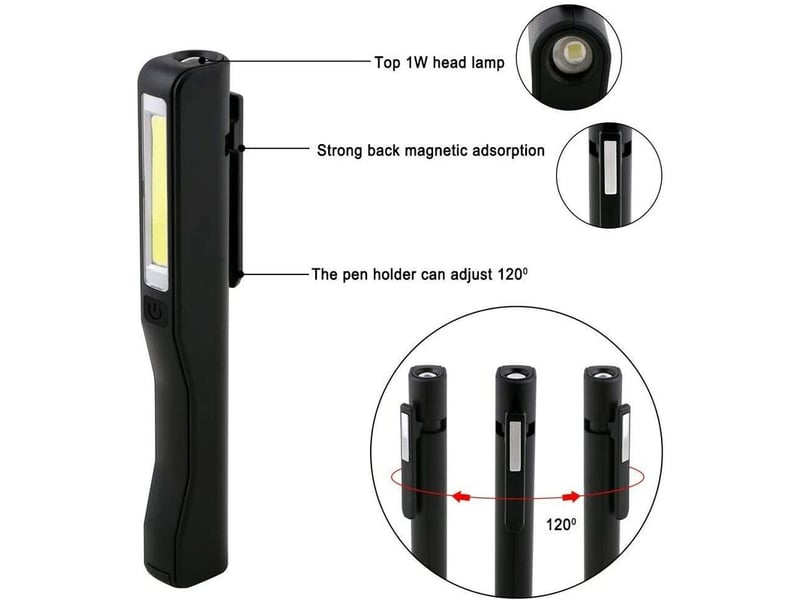 Led lampe travail 1w (2 pcs noir et rouge) cob torche lampe 3w rechargeable usb cable avec clip, diy 350 lumens 2 en 1 abs lampe poche pour maison, ga - Conforama D