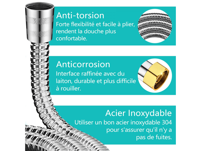  Tuyau flexible de douche 1.5m résistant à la corrosion en acier inoxydable double anti-torsion protection  - Conforama D