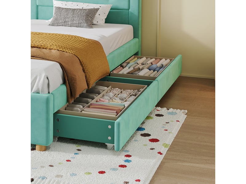  Lit simple pour enfant rembourré 90x200cm - avec 4 tiroirs - tête de lit en forme de maison - tissu velours - bleu-vert (sans matelas)  - Conforama R