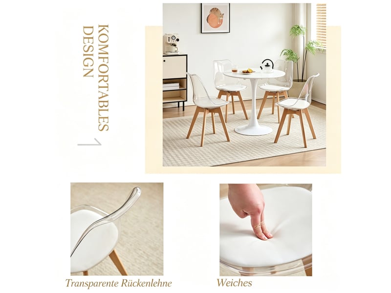  Lot de 4 chaises de salle à manger blanches avec coussin en cuir régénéré, piètement bois, style moderne  - Conforama E