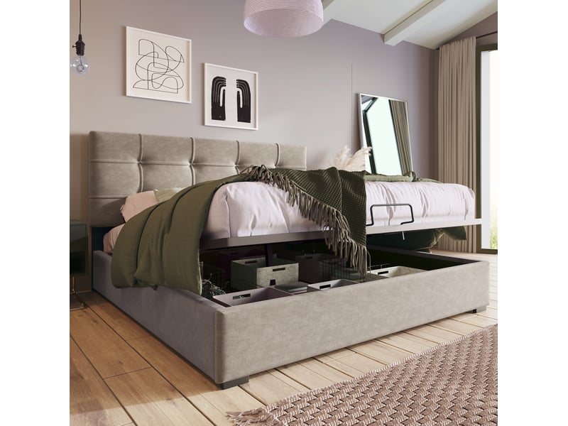  Lit coffre 140 × 200 cm 2 places avec rangement hydraulique, tête de lit réglable, matelas inclus, velours gris  - Conforama C