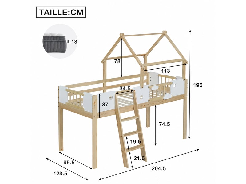  Lit mezzanine en métal, lit simple avec bureau, étagères, usb, type-c et led, 200x90 cm, sans matelas, noir  - Conforama D