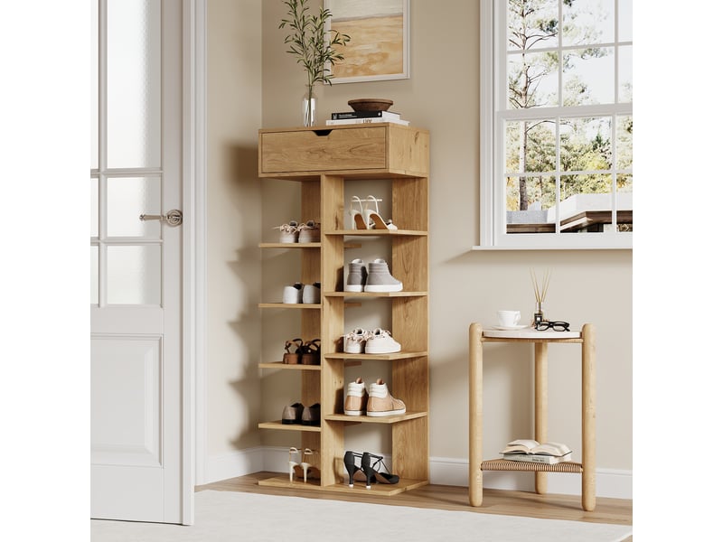 Meuble à chaussures 55x33x133cm bois naturel - meuble d'entrée ouvert avec 10 étagères, 1 tiroir et rangement multifonctionnel  - Conforama C