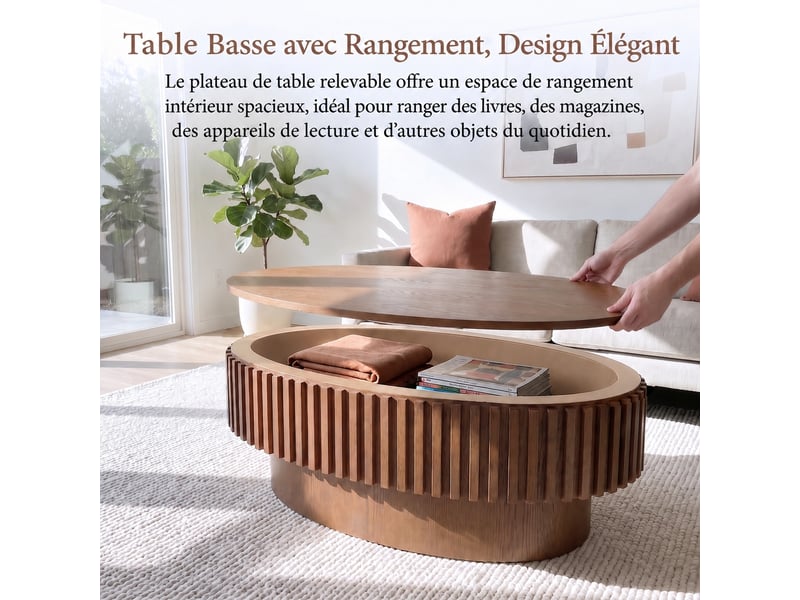  Table basse ovale noyer 98 cm muvano, table basse de salon cannelée avec rangement caché et plateau amovible  - Conforama D