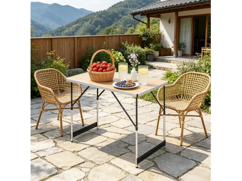Table de camping pliante 100x60 cm – chêne clair – hauteur réglable sur 4 niveaux avec poignée pratique - Conforama D