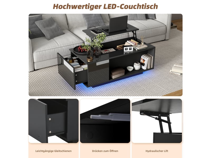  Table basse relevable avec tiroir, rangement caché et led pour salon 100×50×40 cm en panneaux de particules noir  - Conforama C