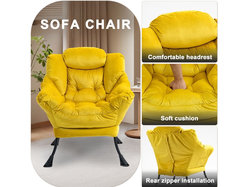 Fauteuil relax avec poche latérale, dossier haut et assise rembourrée en métal et velours jaune  - Conforama E