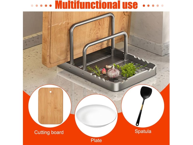 Range couvercle de casseroles, support de planche à découper avec repose-cuillère, porte couvercle cuisine antidérapant pour plaque de cuisson - Conforama E