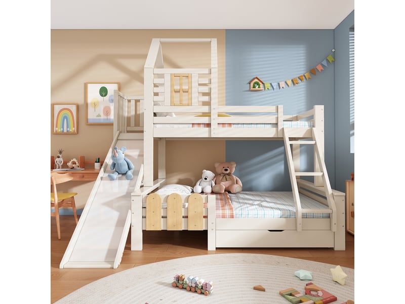  Lit superposé, lit 3 places avec toboggan, échelle et tiroir, 200x90 cm et 200x140 cm, sans matelas, blanc  - Conforama B