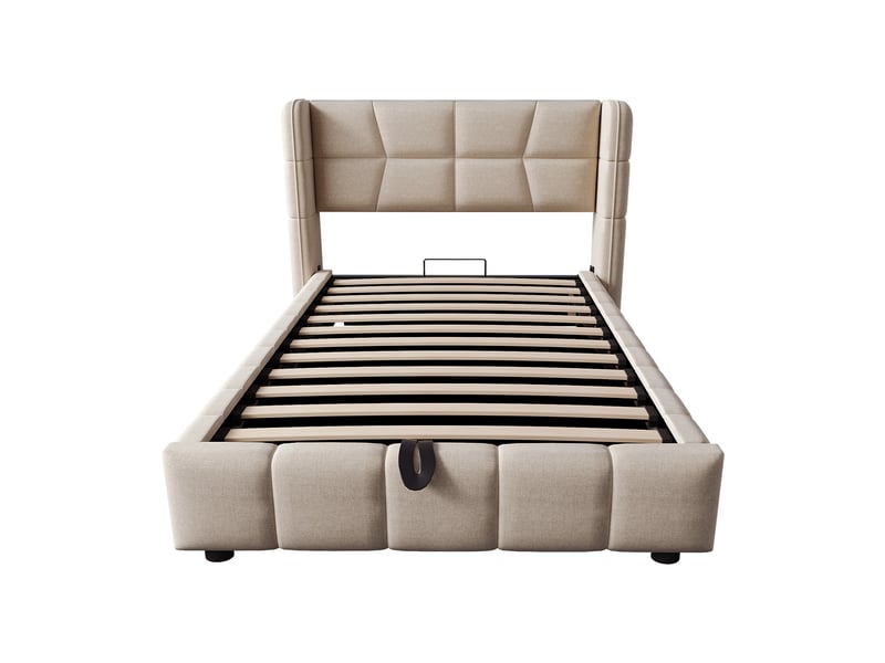  Lit rembourré, lit enfant 90x200 cm, rangement hydraulique, lin beige, sommier à lattes  - Conforama B