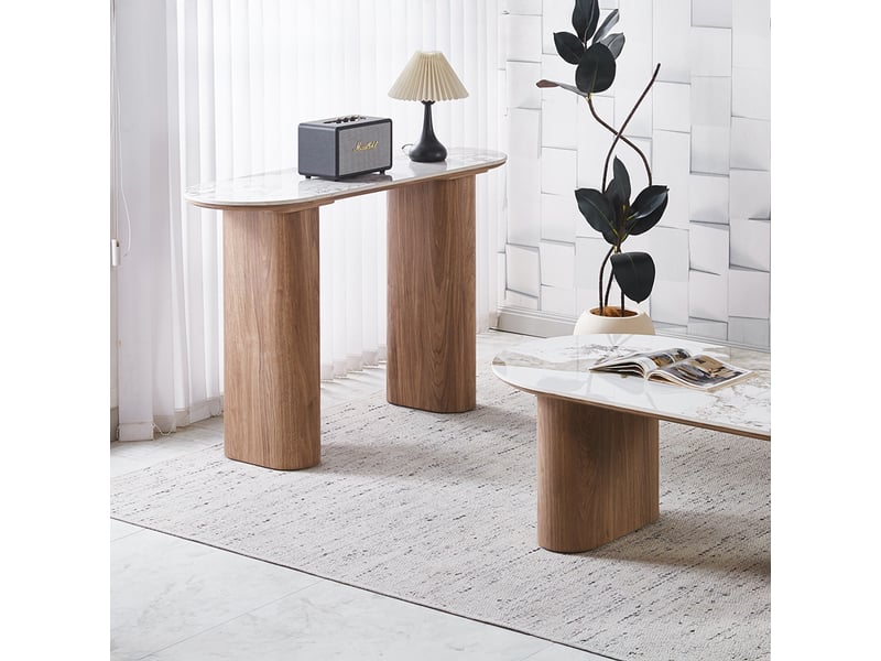 Evora - console en pierre frittée blanc pieds couleur bois clair 120 cm EVORA-CONS-BLA-BOI-120 - Conforama D