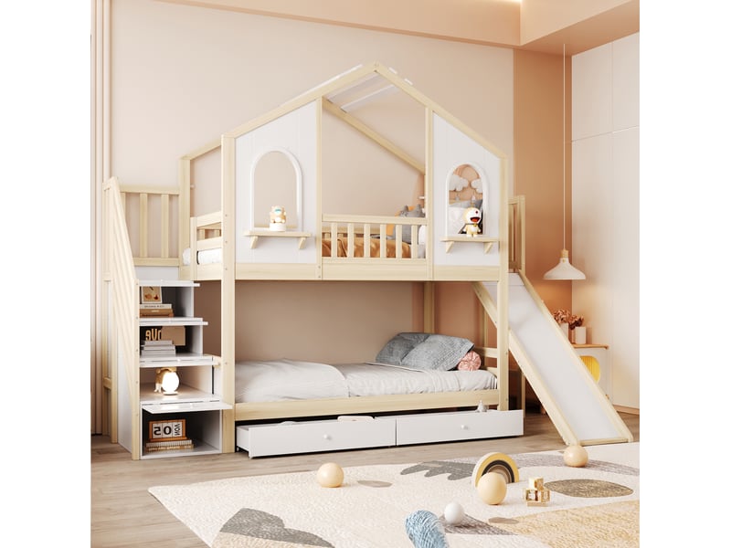  Modenvie lit superposé enfant 90x200 cm - avec toboggan, rangement intégré - pour chambre d'enfant - bicolore  - Conforama E