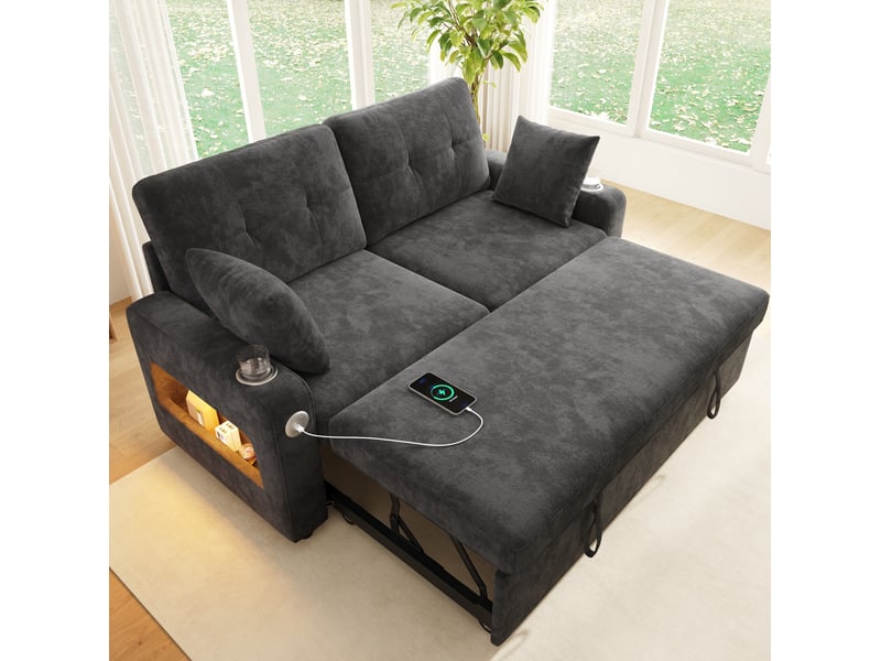  Canapé convertible 2 places modenvie avec led, ports usb et usb-c, rangements, porte-gobelets et 2 coussins gris  - Conforama E
