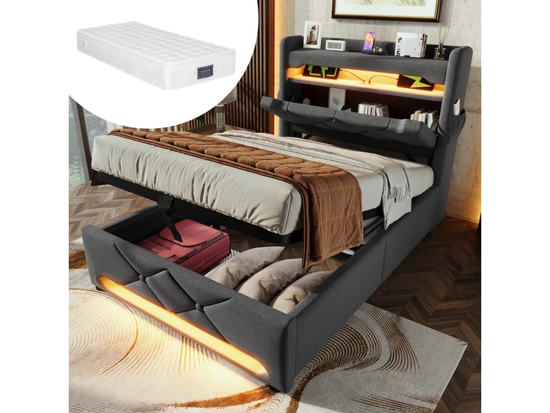 Lit coffre, lit enfant 90x200 cm, rangement hydraulique, tête de lit avec rangement, led 360°, usbusb-c, lin gris, matelas inclus - Conforama A