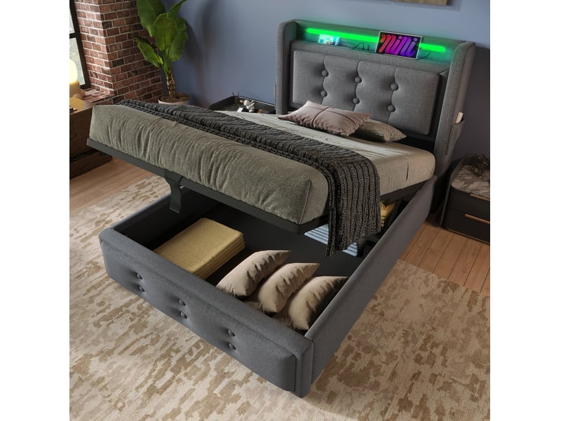  Lit coffre 90 × 200 cm 1 place avec led, usb et type-c, rangement, matelas inclus, tissu gris  - Conforama C