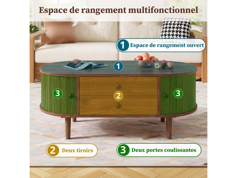  Table basse 100x50x40 cm, 2 tiroirs, grand rangement, porte coulissante, style vintage, structure mdf pour salon et séjour - noyer  - Conforama E