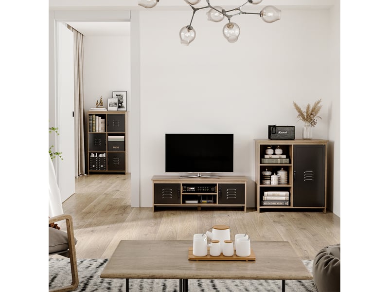 Buffet industriel - meuble de rangement sur pied 3 niches placard - en bois et porte métal noir - Conforama A