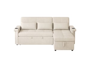 Canapé d'angle droit convertible <strong>MIVRAY </strong> <strong></strong> 3 places Tissu beige avec coffre de rangement