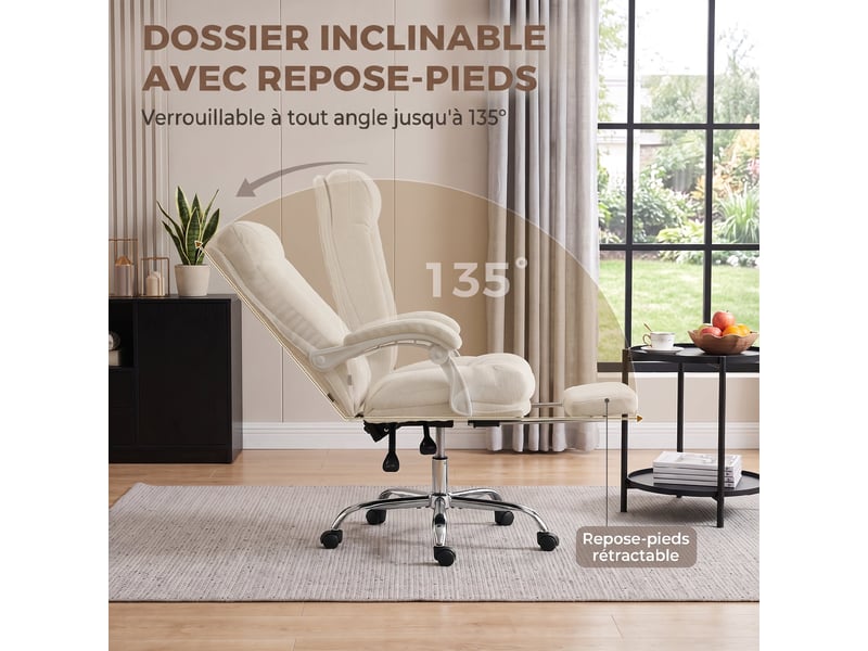  Chaise bureau ergonomique, fauteuil de bureau inclinable en chenille, repose-pieds, hauteur réglable, crème  - Conforama E
