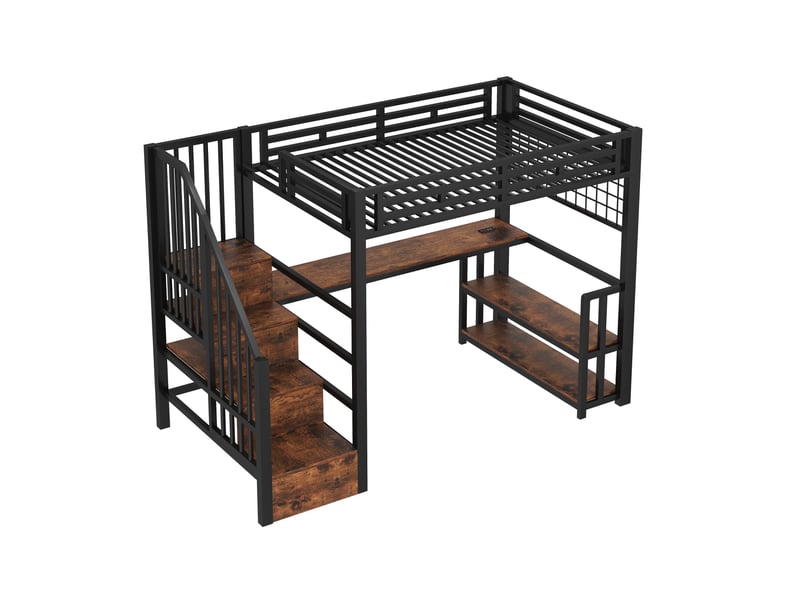  Lit mezzanine noir 90 × 200 cm, bureau, led, rangements, 2 usb, type-c et grille suspendue  - Conforama E
