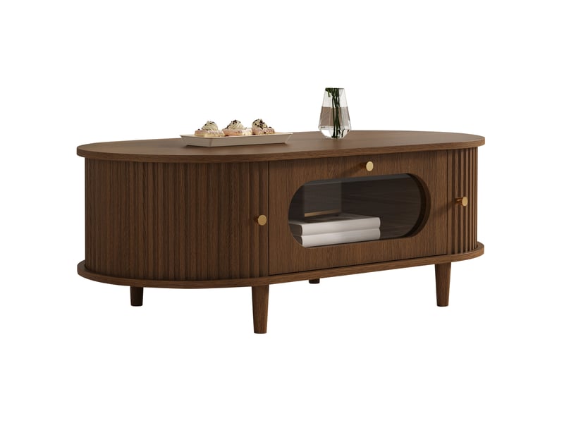  Table basse rectangulaire – décor noyer, 1 tiroir et 2 portes à rideau – 100 x 50 x 36 cm  - Conforama A
