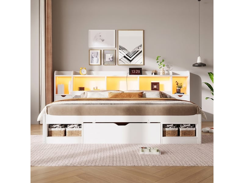  Lit double 180x200 cm avec rangement, cadre de lit blanc avec led, port usb et 3 tiroirs, lit adulte  - Conforama D