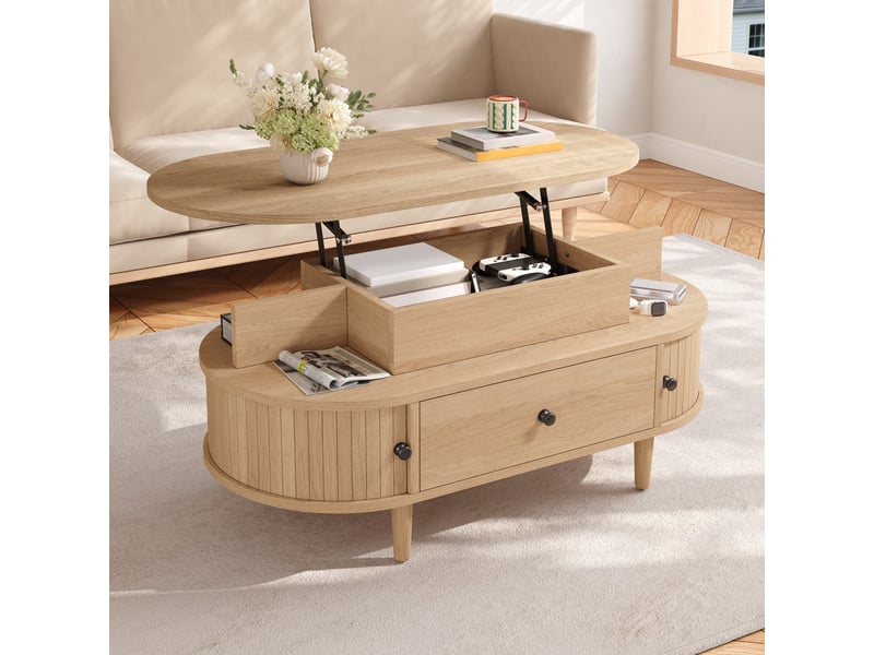  Table basse ovale 105 x 50 x 60,5 cm avec plateau relevable hydraulique, rangement caché, 2 niches, tiroir et portes coulissantes, mdf, naturel OMNIGLINT TRADING LTD - Conforama B