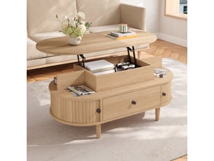 Table basse ovale 105 x 50 x 60,5 cm avec plateau relevable hydraulique, rangement caché, 2 niches, tiroir et portes coulissantes, mdf, naturel