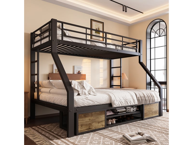  Lits superposés 90x200 cm et 140x200 cm noir, armoire à chaussures, rangements, échelle, sans matelas  - Conforama C